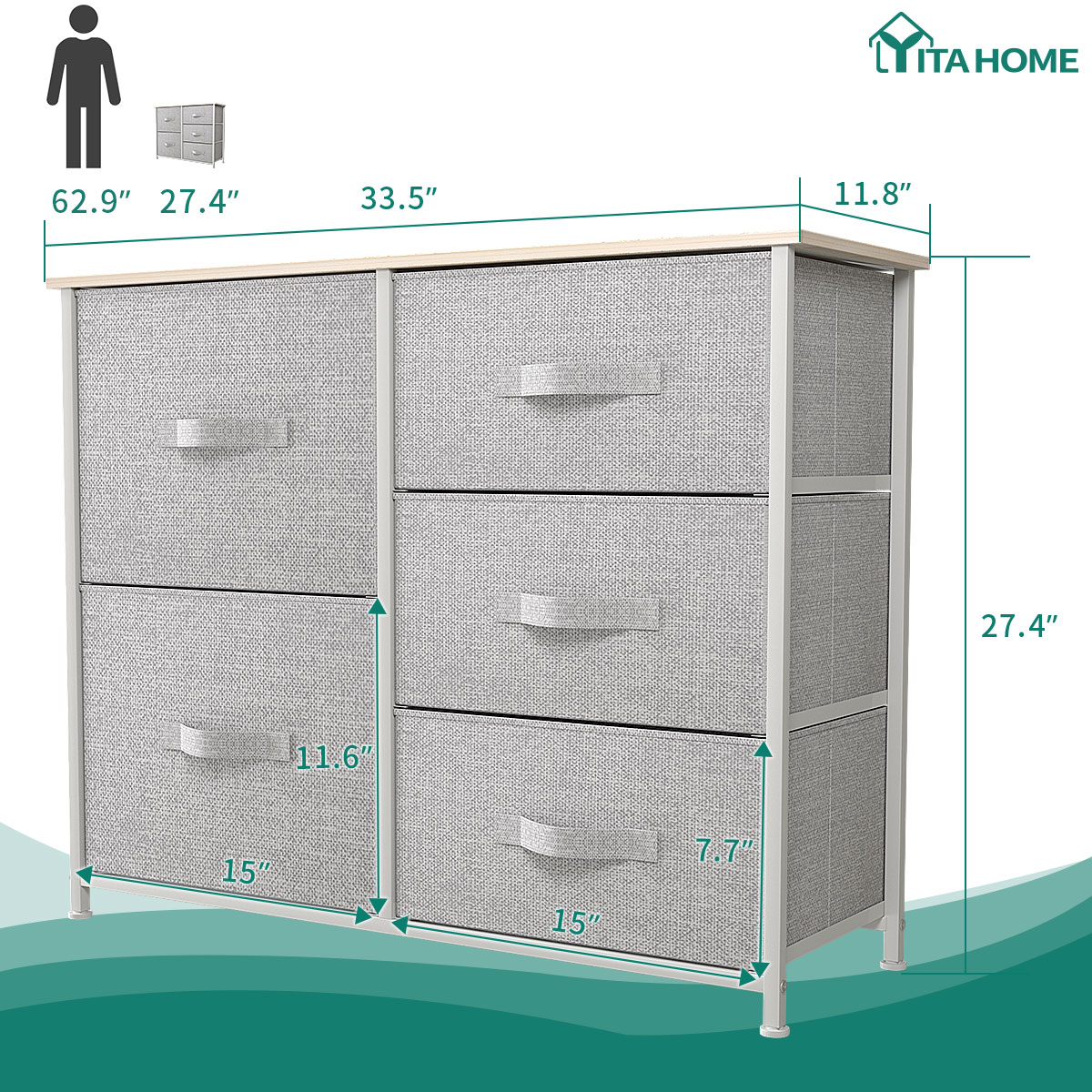 YITAHOME 5 Drawers Dresser Storage Tower Shelf Organizer Chest